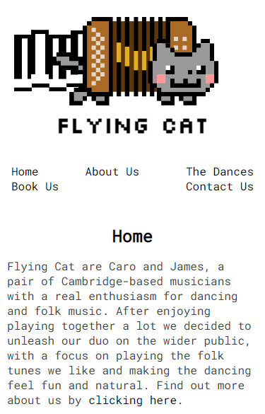 Screenshot of website homepage on a mobile phone, with pixel-art logo